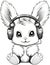 A cartoon bunny with headphones sitting on the ground. Generative AI image. Coloring book for kids.