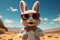 Cartoon bunny, sunglasses on, ventures into the sandy desert