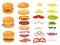 Cartoon burger ingredients. Hamburger, chop bun and tomato. Ham, fresh pickles and cheese slices. Fast food constructor