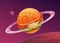 Cartoon burger planet icon on space background.