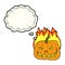 cartoon burning pumpkin with thought bubble