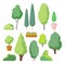 Cartoon bush and tree set. Vector trees and bushes isolated on white background, nature green forest plants for hedge or