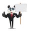Cartoon business character panda holding a blank placard