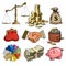 Cartoon business finance money set. Scales, stack of coins, sack of dollars, credit card, handshake, paper money, purse