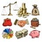 Cartoon business finance money set. Scales, stack of coins, sack of dollars, credit cards, handshake, paper money, purse