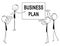 Cartoon of Business People Applauding to Speaker Pointing at Business Plan Sign