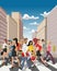 Cartoon business people crossing a downtown street