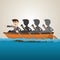 Cartoon business team rowing on sea