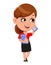 Cartoon business woman talking by smartphone. Cheerful businesswoman cartoon character.