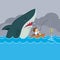 Cartoon businessman boat fishing with huge shark sneak attack