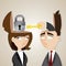 Cartoon businessman and businesswoman unlock with key