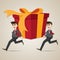 Cartoon businessman carrying big gift box