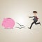 Cartoon businessman chasing piggy bank
