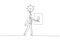 Cartoon of businessman climbing ladder built from pencil to find lightbulb concept of searching idea. Single line art style