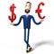 Cartoon businessman, dollar and euro comparison concept - 3D illustration