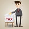 Cartoon businessman drop gold coin in tax box