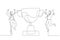 Cartoon of businessman employee jump in the air with trophy cup concept of recognition. One continuous line art style