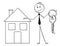 Cartoon of Businessman or Estate Agent Offer a Key and House Property