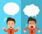 Cartoon businessman expressing different emotions with white speech bubbles