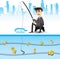 Cartoon businessman fishing money