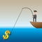 Cartoon businessman fishing money on boat