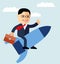 Cartoon businessman flying on a rocket on blue sky background, startup.