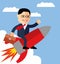 Cartoon businessman flying on a rocket on blue sky background, startup.