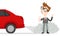 Cartoon businessman giving thumbs up standing in car exhaust gases
