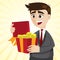 Cartoon businessman with gold coins in gift box