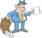 Cartoon businessman holding an open briefcase and a paper.