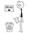 Cartoon of Businessman With Idea or Invention on Paper Looking on Trash Bin with Ideas Sign and Arrow Above