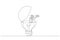 Cartoon of businessman open lightbulb idea using binoculars to see business vision. Creativity to help. One line style art