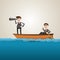 Cartoon businessman paddling on sea with teammate scouting