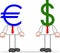 Cartoon Businessman Pair With Euro and Dollar Heads.