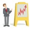 Cartoon businessman with pointer stick presentation chart vector illustration. Smiling analyst doing financial report and pointing