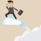 Cartoon businessman riding flying cloud