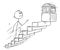 Cartoon of Businessman Running Up Stairs or Staircase for Treasure Chest