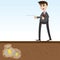 Cartoon businessman searching with dowsing rod