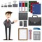 Cartoon businessman with set of office accessories