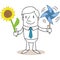 Cartoon businessman solar wind energy sunflower