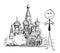 Cartoon of Businessman Standing in Front of Saint Basil`s Cathedral, Moscow, Russia