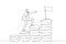 Cartoon of businessman step climbing money coin stack aiming to achieve target reach financial goal. One line art style