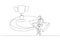 Cartoon of businessman working effective and efficient and being productive get trophy. One line art style