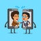 Cartoon businessmen shaking hands by smartphone