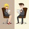 Cartoon businesspeople sitting on chair and using tablet