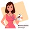 Cartoon businesswoman. Beautiful brunette lady in fashionable dress showing badge