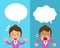 Cartoon businesswoman expressing different emotions with white speech bubbles