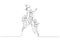 Cartoon of businesswoman jumping holding trophy get reward and celebrate. Continuous line art