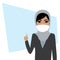 Cartoon businesswoman with protective mask on face. Muslim female character, finger raised up