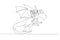 Cartoon of businesswoman riding a dragon concept of overcoming adversity and courage. Single continuous line art